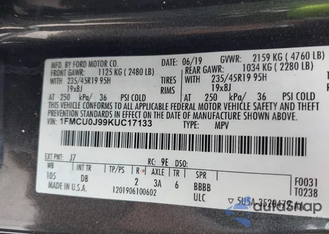 2019 Ford Escape Titanium z USA, uszkodzony, nr VIN 1FMCU0J99KUC17133